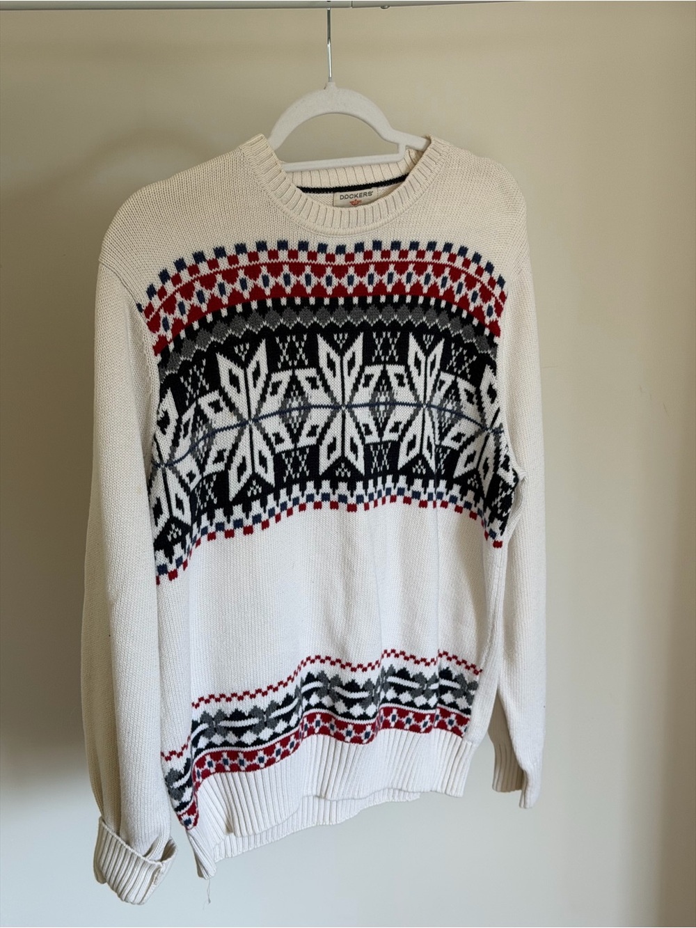Dockers Men's Cream Crewneck Sweater with Red and Black Fair Isle Pattern